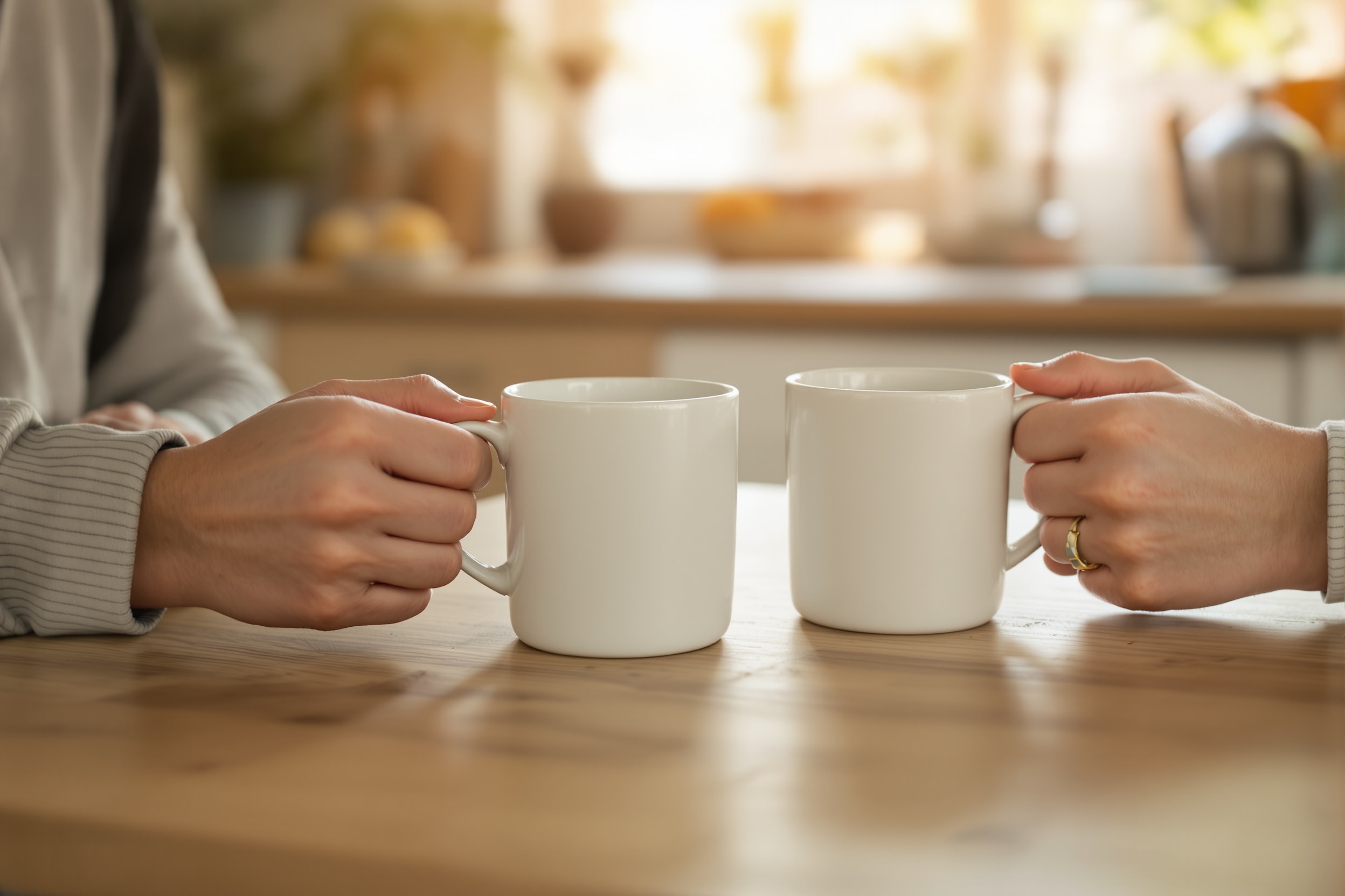 Two mugs and clasped hands on a wooden kitchen table in warm afternoon light