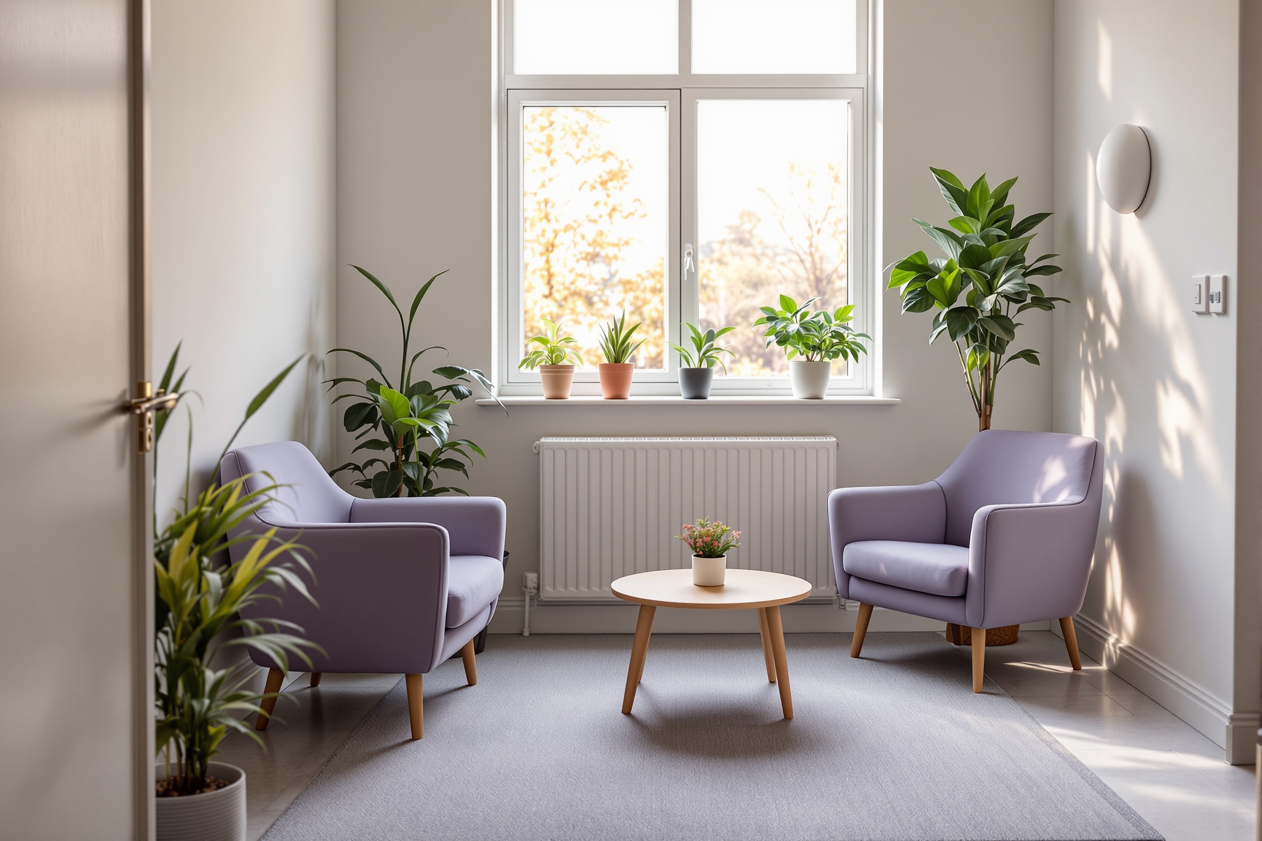 A calm clinic waiting area with soft chairs, plants and natural light