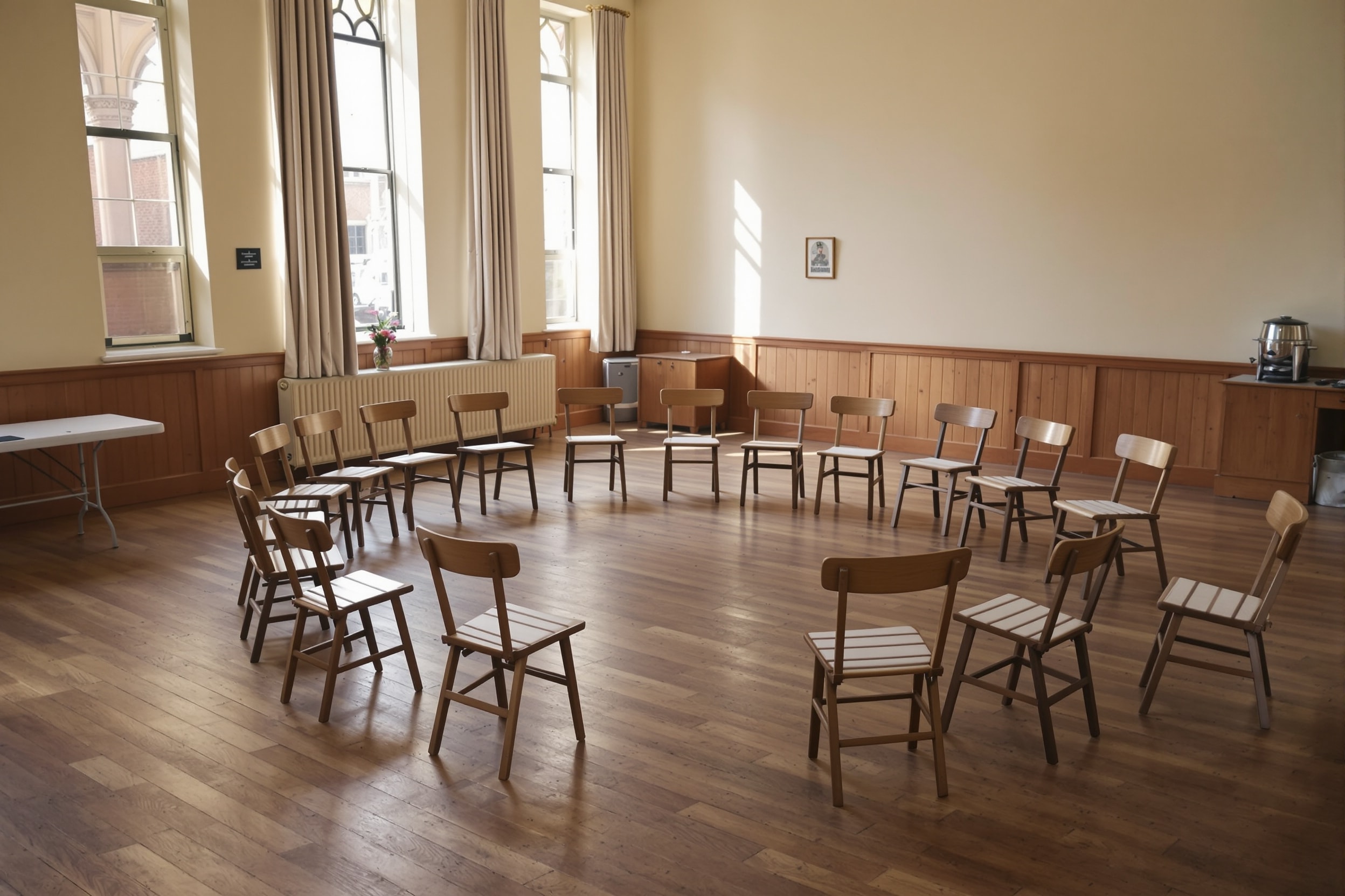 Chairs arranged in a circle in a community hall meeting room