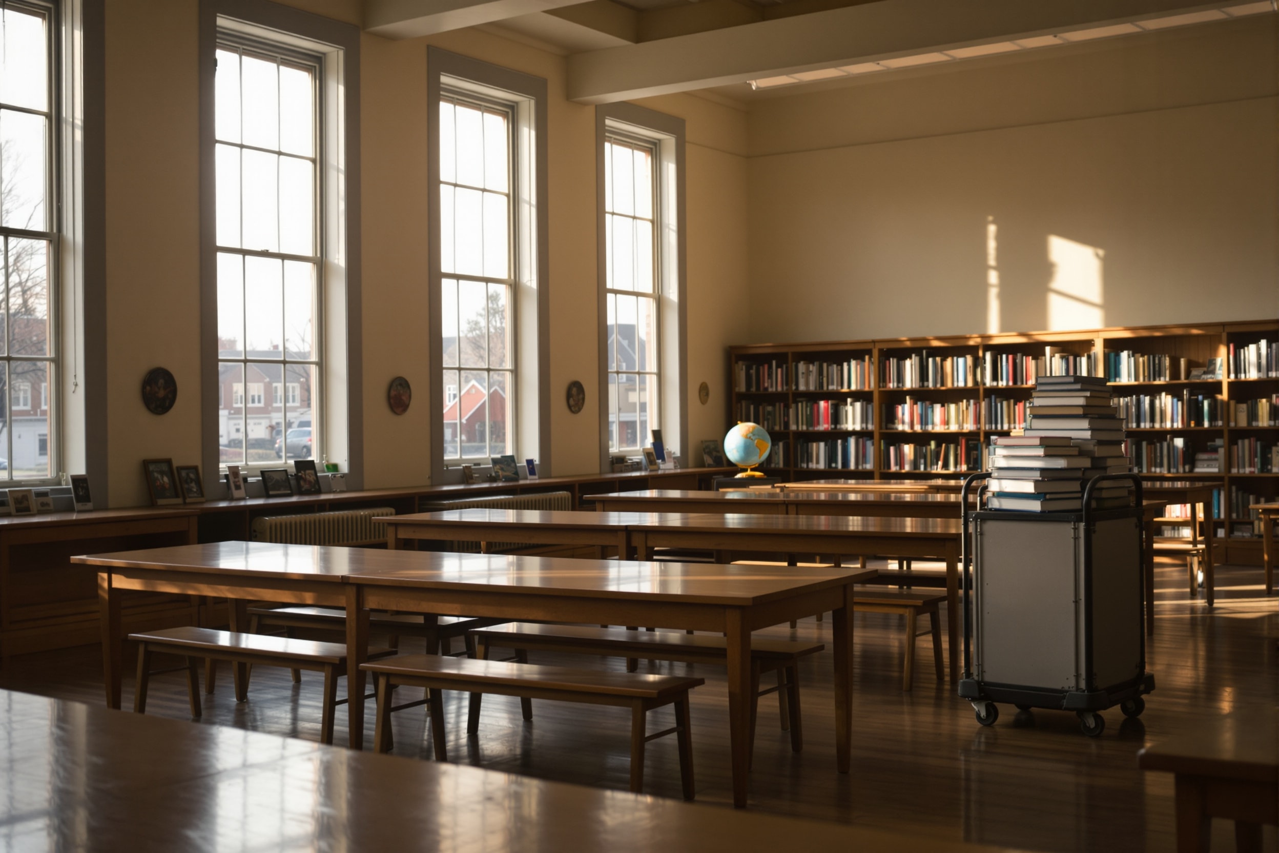 A small-town public library reading room with tables and afternoon light