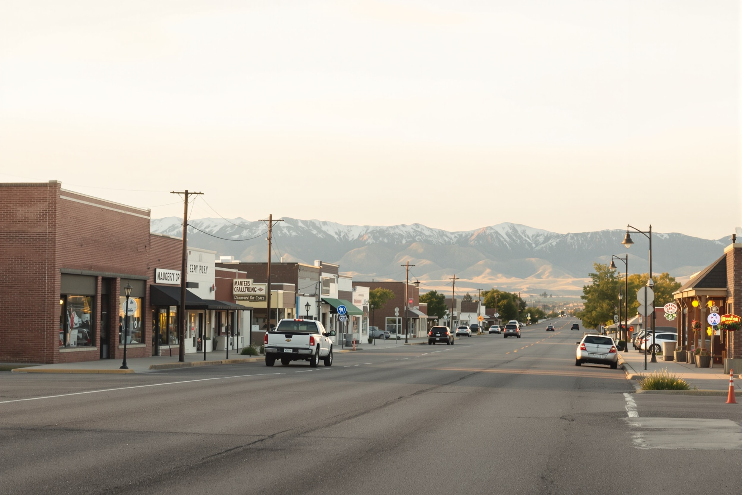 A small Montana main street beneath a wide open sky in late afternoon light