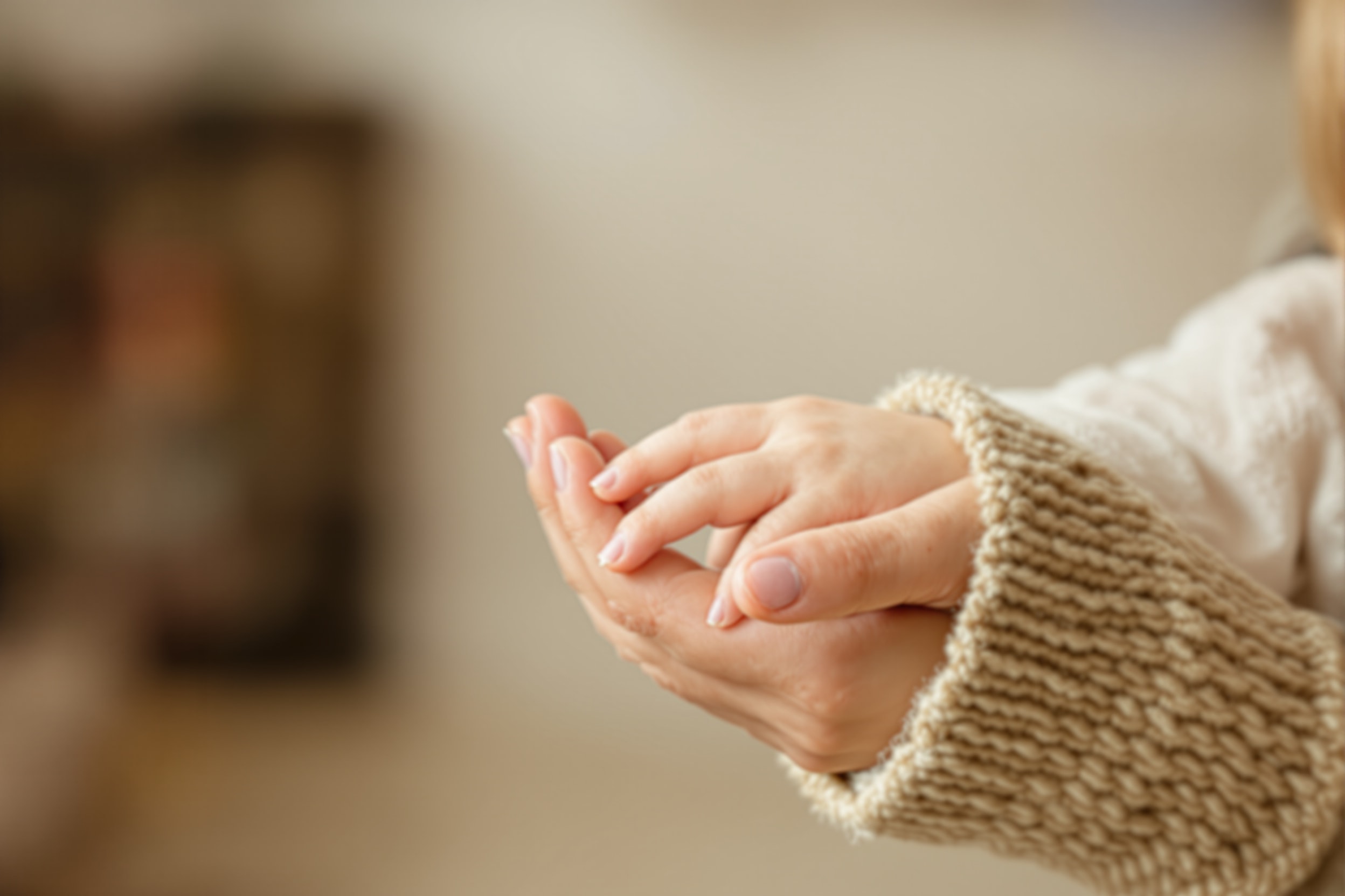 An adult hand holding a small child hand, close crop, warm domestic light