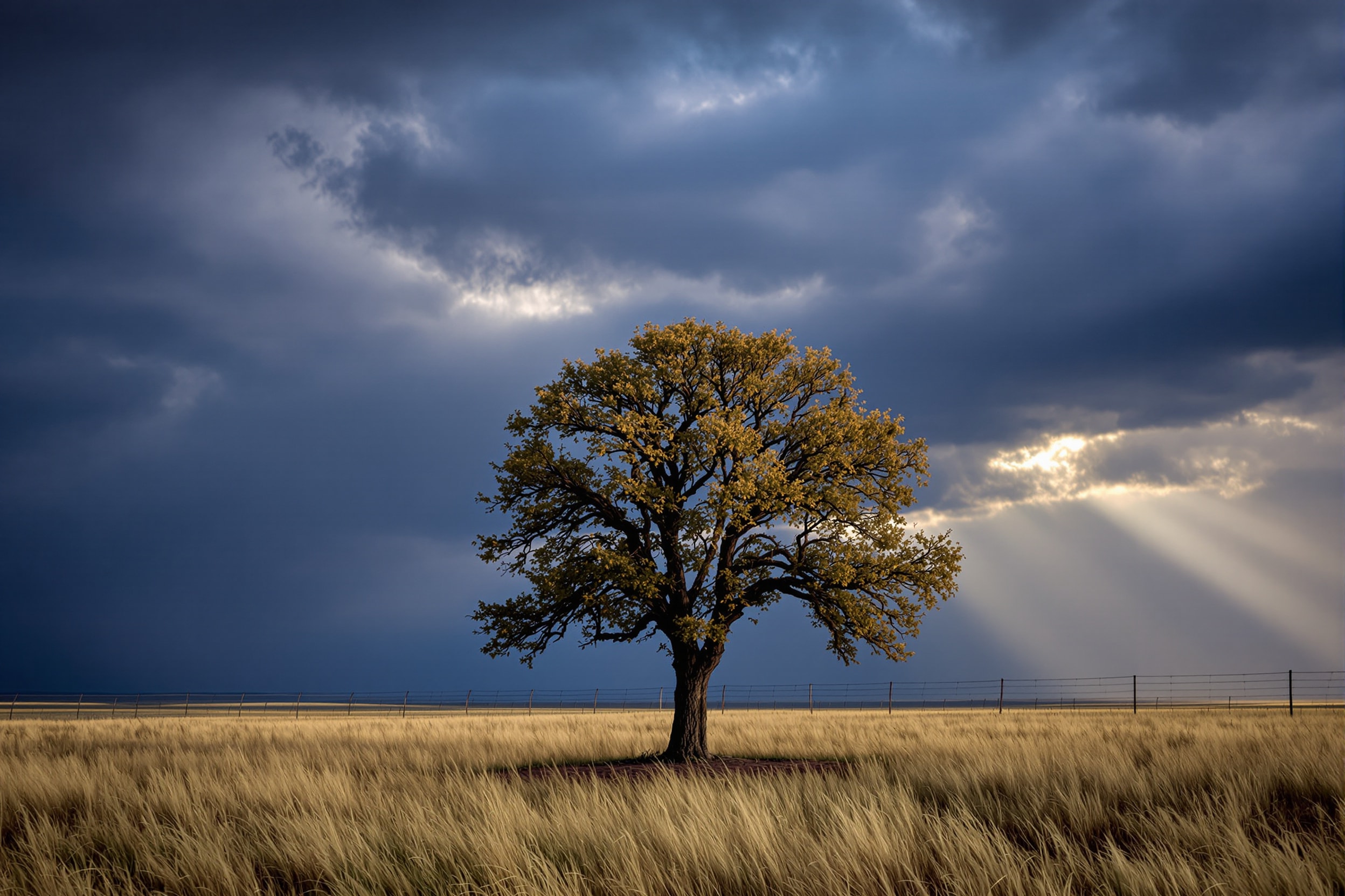 A single mature cottonwood standing in a Montana field as a storm clears