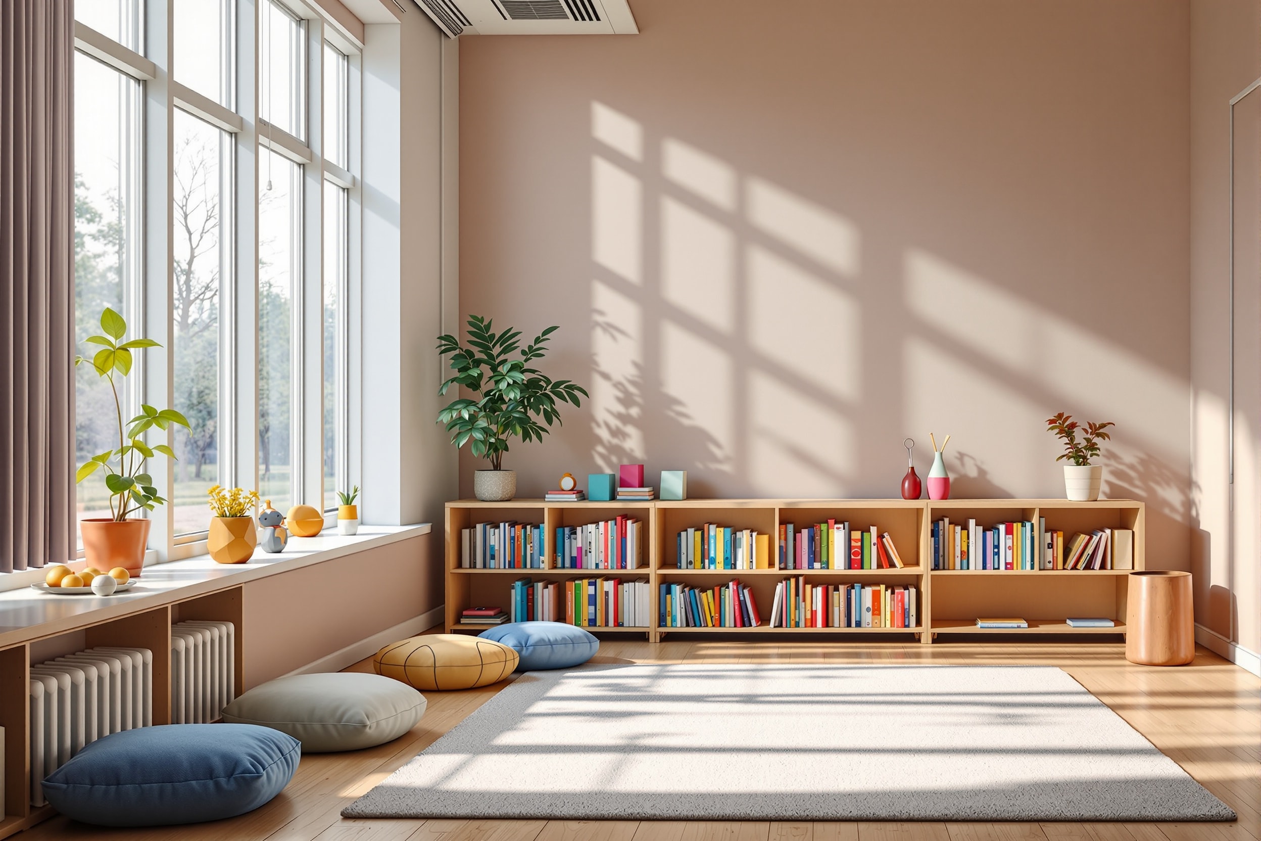 An empty elementary classroom reading corner with morning light through tall windows