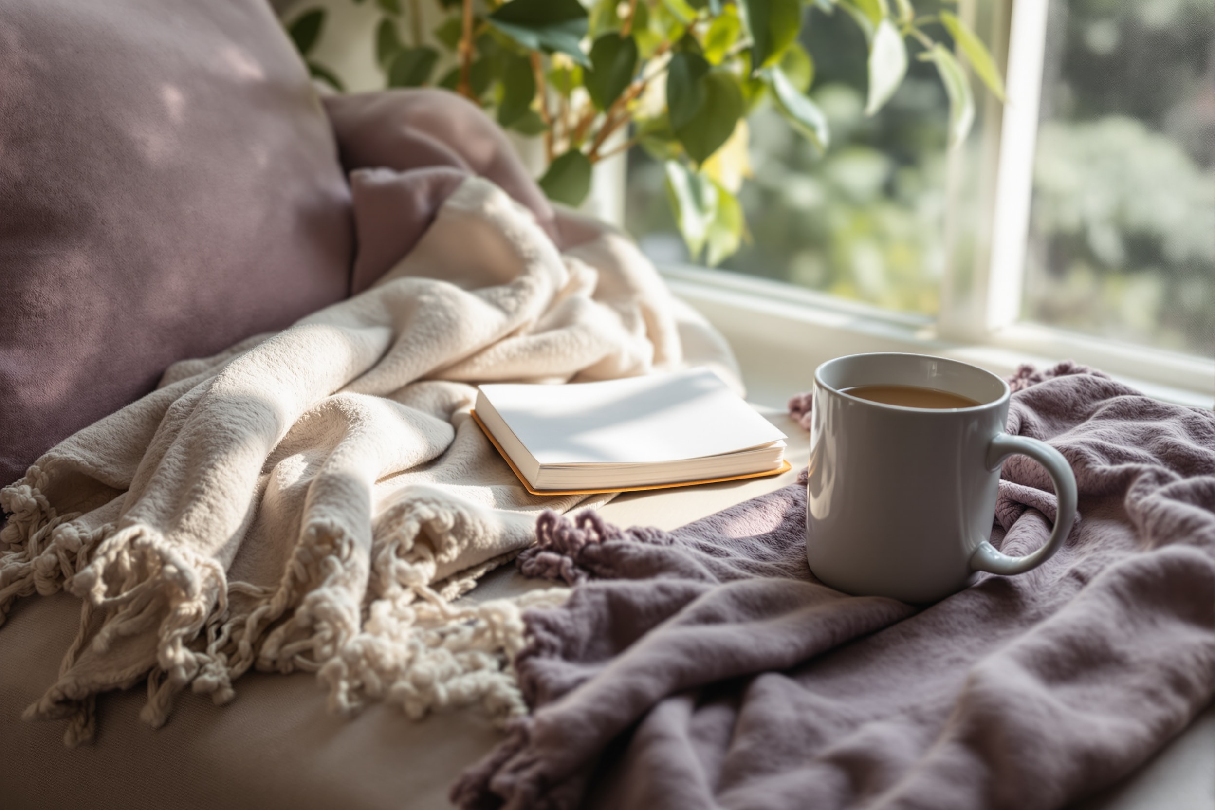 A quiet window seat with a mug and an open notebook in morning light