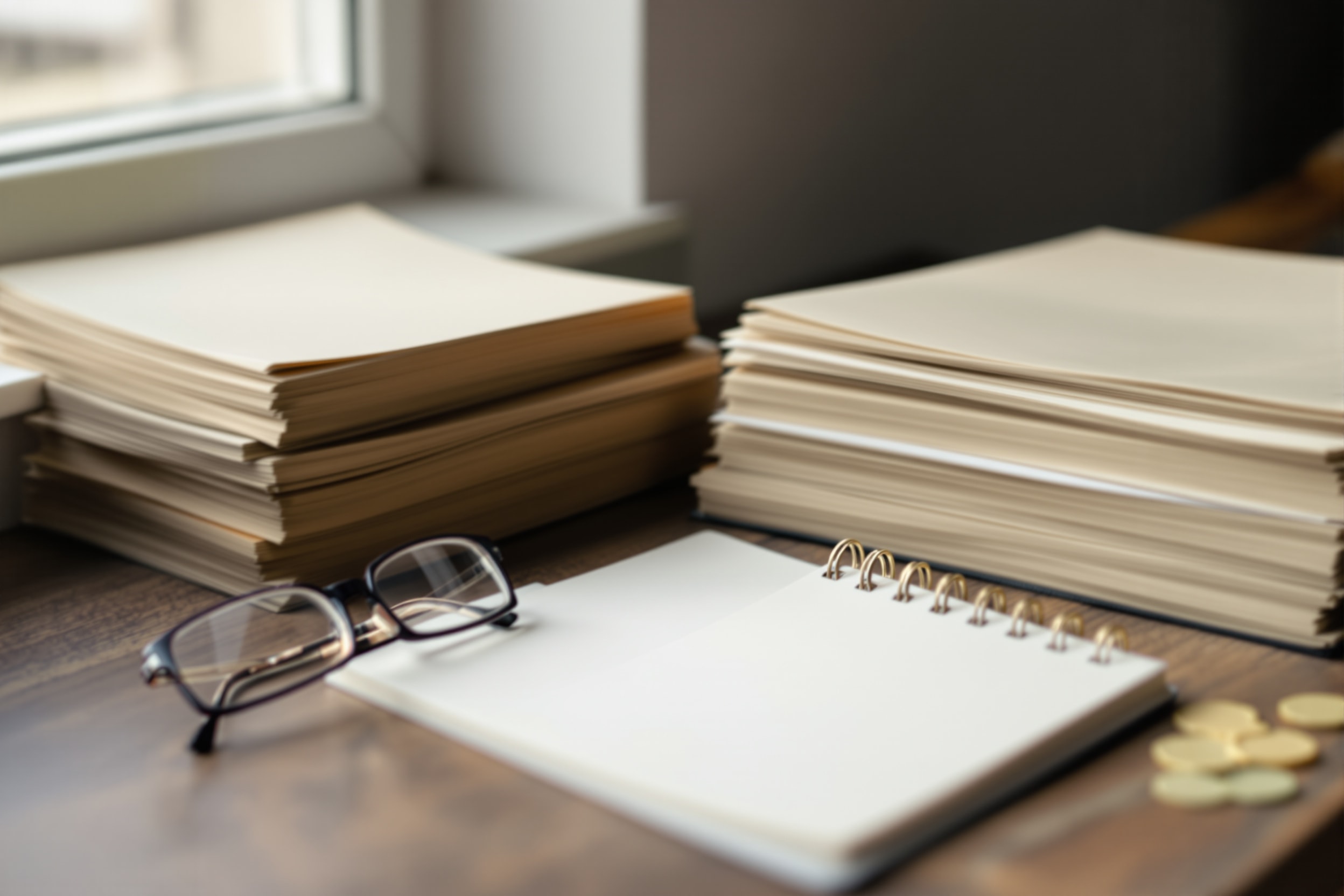 Archival paper records stacked on a wooden desk in soft daylight